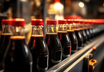 Bottles of Dark Soda on a Production Line in a Beverage Factory with Blurred Background and Soft Lighting Highlighting the Industrial Process of Beverage Manufacturing