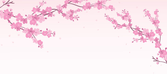 Obraz premium Spring Japanese Cherry blossom flower background vector. Sakura floral Wallpaper design of elegant watercolor cherry blossom flower, branch. Illustration for banner, wall decoration, backdrop, ads.