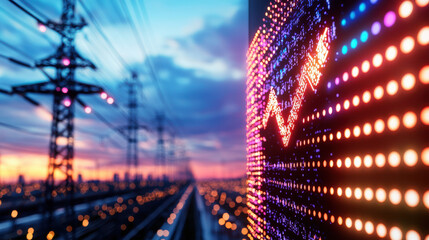 cinematic view of illuminated energy stock board with rising graph, set against backdrop of power lines and colorful sunset. scene conveys sense of growth and optimism