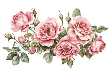 Naklejka premium Watercolor painting of pink roses and buds.