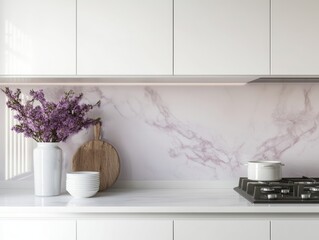 Modern Kitchen Decor with Purple Flowers and White Accents