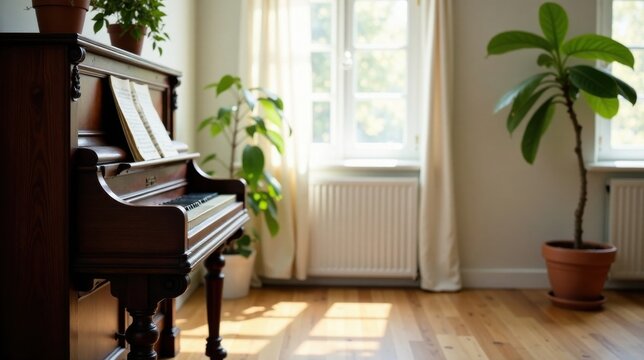 A vintage upright piano sits in a sunlit room, flanked by potted plants, adding a touch of tranquility to the home