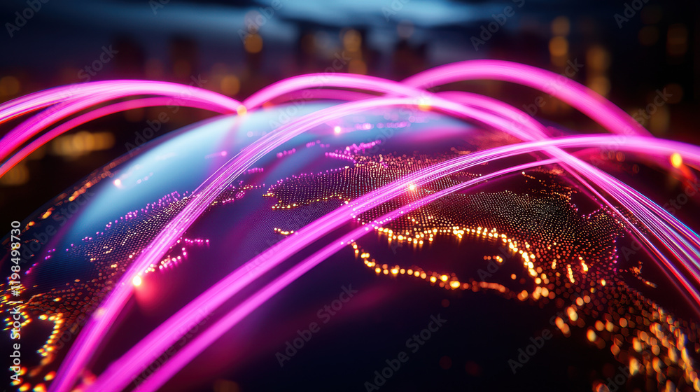 Poster vibrant visualization of global network, showcasing interconnected cities with glowing lines represe