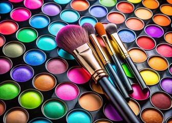 Aerial View: Makeup Brushes Arranged Before Colorful Eyeshadow Palettes