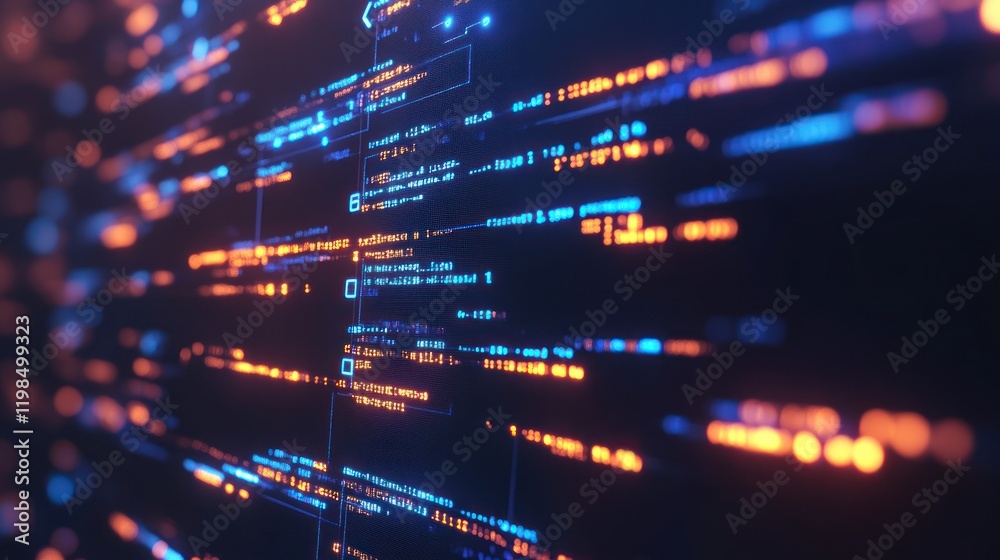 Poster abstract digital code stream: neon blue and orange glowing lines of programming language