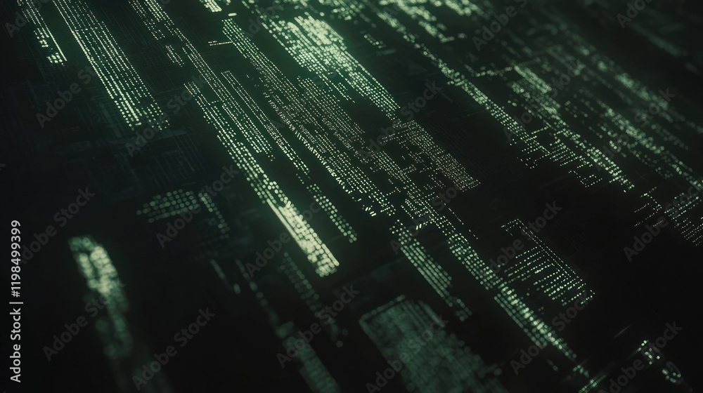 Poster abstract digital matrix code stream, green binary data flowing downward, futuristic technology conce