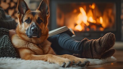 Animation of a dog lying near a fireplace while a person reads a book nearby