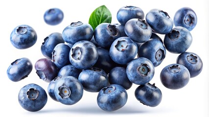 Scattered blueberries with a green leaf - A scattered pile of fresh, ripe blueberries with a single vibrant green leaf, symbolizing natural health and juicy flavor.  


