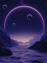 Ethereal Purple Cosmic Landscape with Glowing Ring and Crescent Moons over Wavy Waters