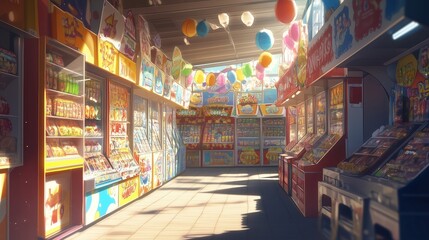 Carnival games store, close up view, front view, day time, anime style background