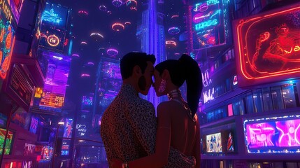 Fototapeta premium couple falling love in the midle of futuristic city skyscaper