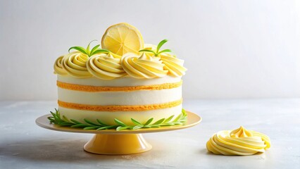 Delicious Lemon Cake with Creamy Frosting and Lemon Garnish on Yellow Cake Stand