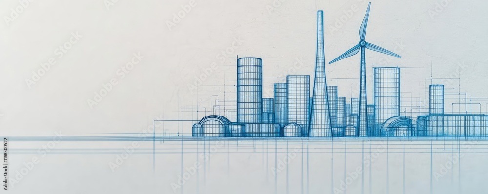 Poster Engineer sketching idea. Modern city skyline with abstract blue structures and wind turbines illustrating eco-design.
