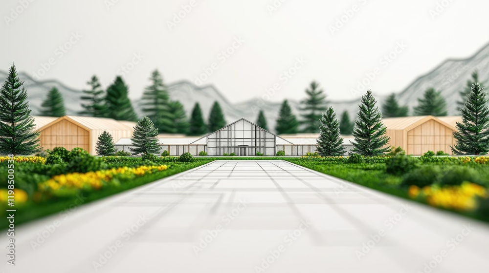 Poster engineer sketching idea. a tranquil pathway leads through lush greenery to a modern greenhouse surro