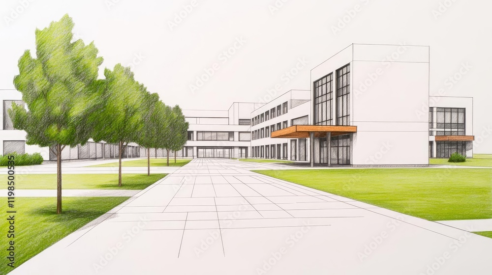 Poster Engineer sketching idea. Modern architectural design of a school campus with green surroundings and clear pathways.