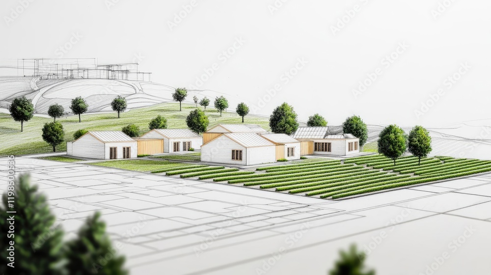 Poster engineer sketching idea. model of modern houses surrounded by green landscape and trees on a minimal
