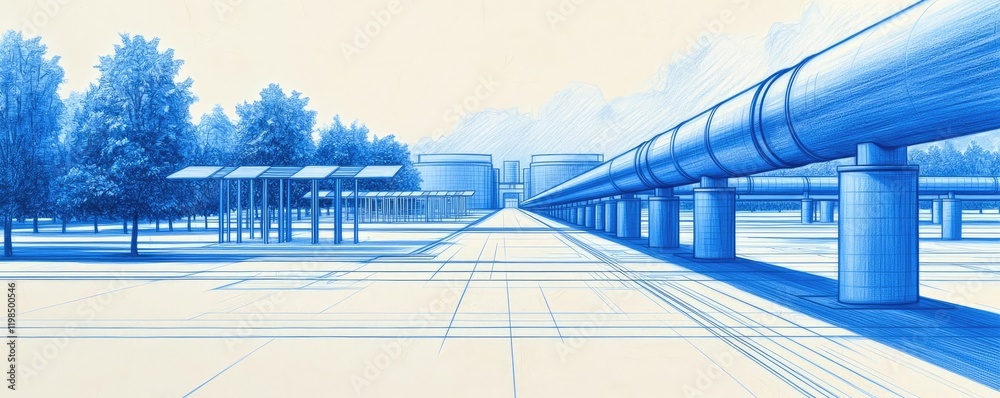 Poster engineer sketching idea. a conceptual blueprint of modern infrastructure featuring pipes and solar p