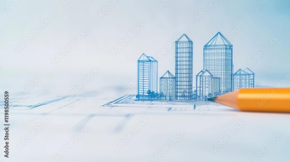 Poster engineer blueprint concept. blueprint design showcasing skyscrapers with an orange pencil for creati