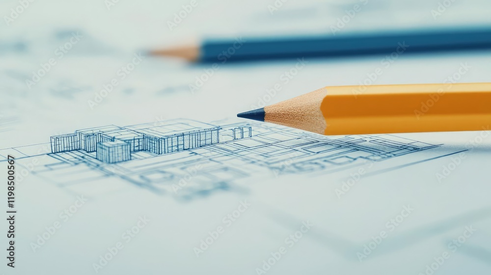 Poster engineer blueprint concept. detailed architectural sketch with pencils for creative design and plann
