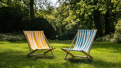 Relaxing Summer Day: Striped Deck Chairs on Lush Green Grass in Sunny Park Setting, Ideal for Leisure and Tranquility.