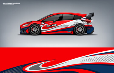 Sporty racing Car branding mockup with racing wrap decal or livery design, Hatchback wrap red and white livery design