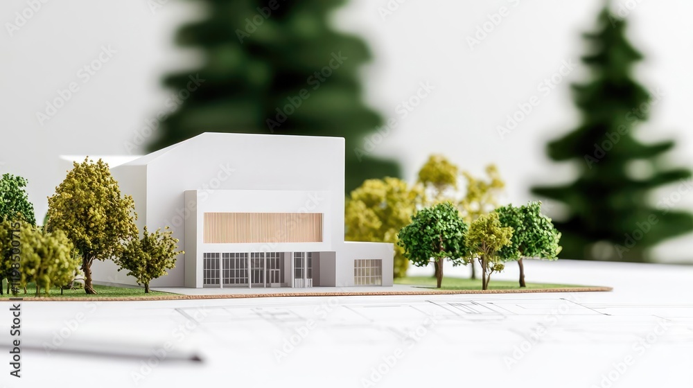 Poster engineer project concept. a detailed architectural model showcasing modern design and greenery.
