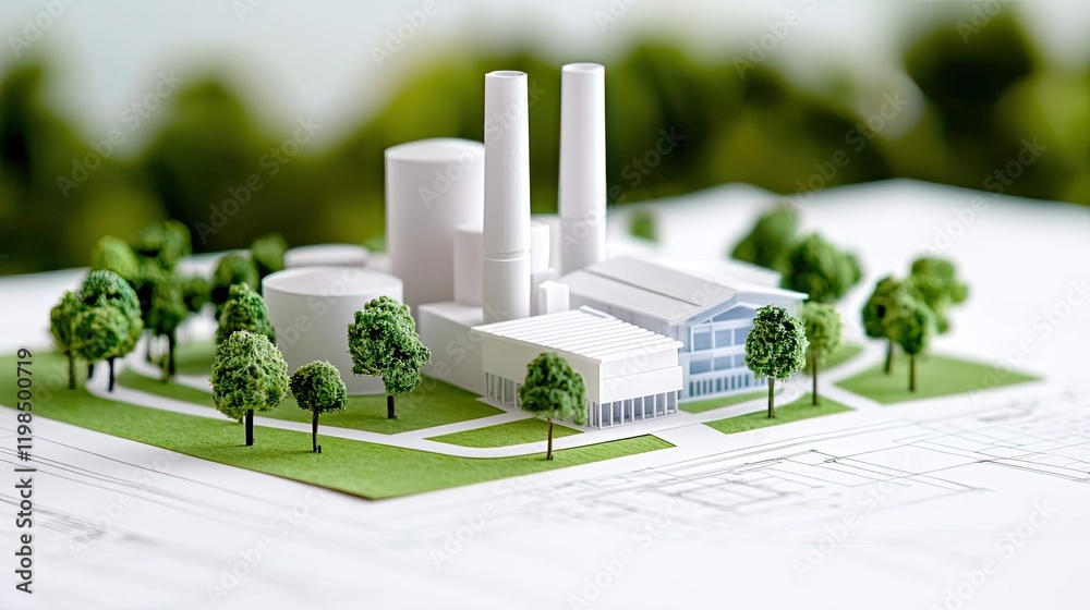 Poster engineer project concept. a scale model of a modern industrial facility surrounded by green trees.