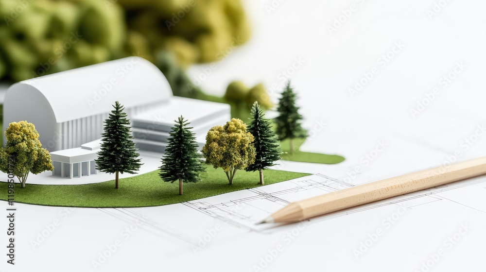 Poster Engineer project concept. Miniature architectural model of a modern building surrounded by trees and a pencil.