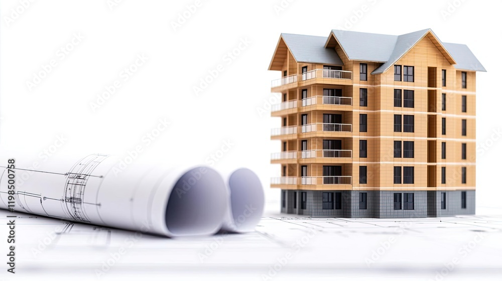 Poster engineer project concept. model of a modern wooden building with architectural blueprints for design