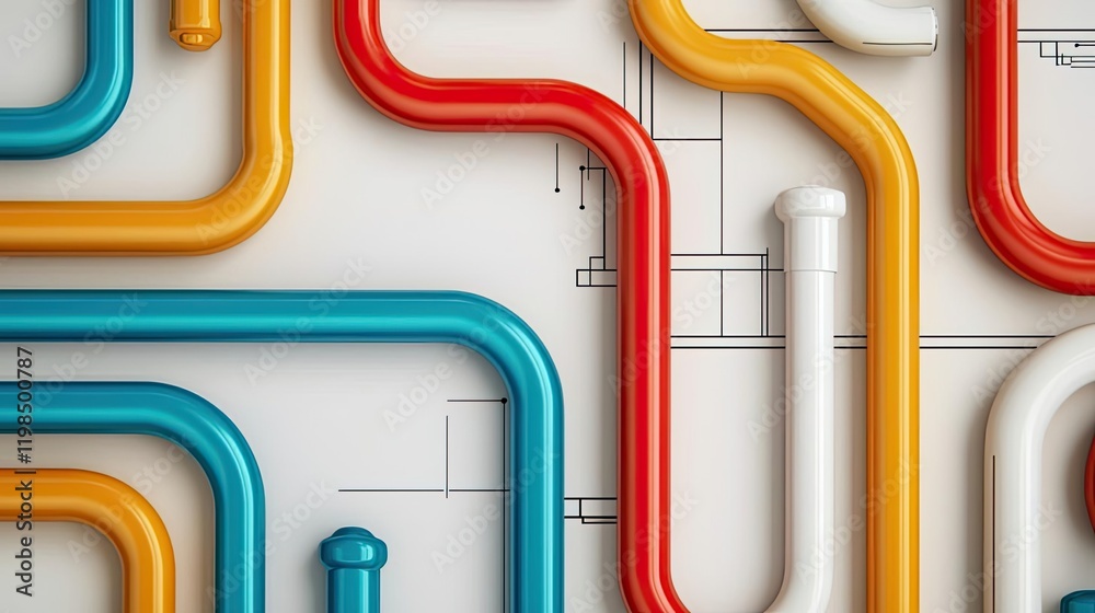 Poster Engineer project concept. Colorful piping system design with geometric patterns and technical drawings.