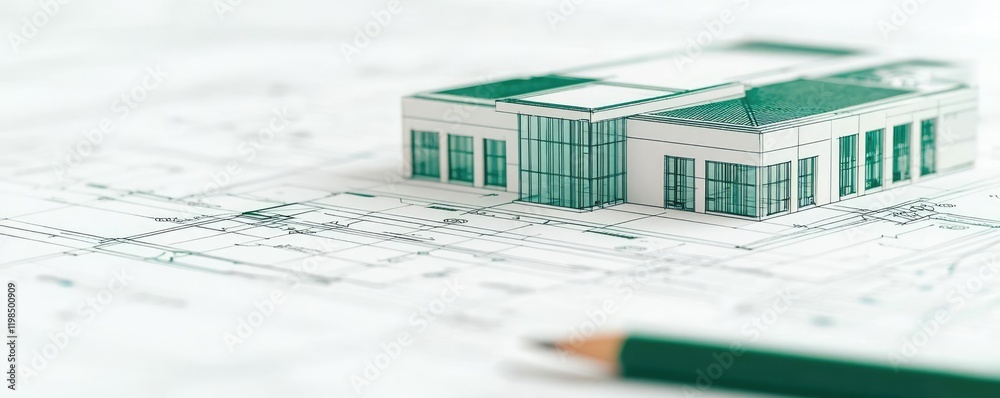Poster Engineer sketching idea. Architectural model on blueprint highlighting innovative design and planning concepts.