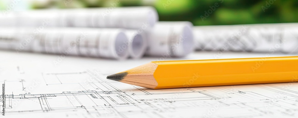 Poster engineer project concept. close-up of a yellow pencil resting on engineering plans with blueprints i