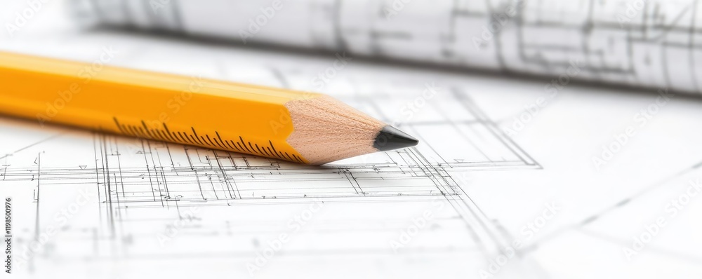 Poster Engineer project concept. A close-up of a yellow pencil resting on a blueprint for architectural design.