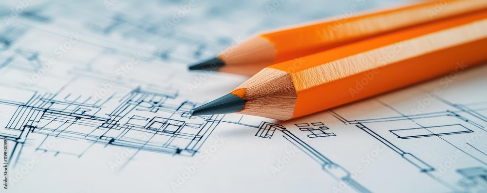 Poster Engineer project concept. Close-up of orange pencils on blueprints for architectural design and planning.