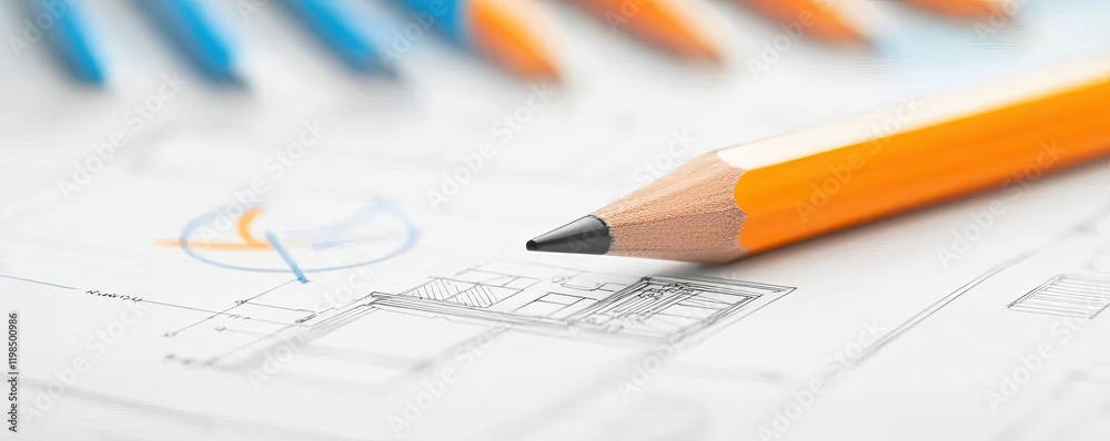 Poster Engineer project concept. Close-up of a pencil on a blueprint with colorful pens and charts in the background.