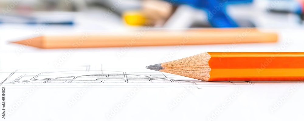 Poster engineer sketching idea. close-up of an orange pencil used for sketching on a white sheet of paper.