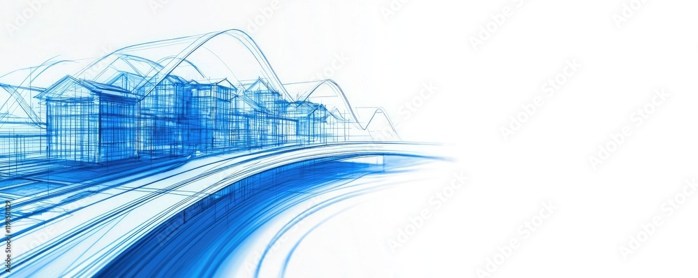 Poster Engineer sketching idea. Abstract blue architectural design with smooth lines and structures.