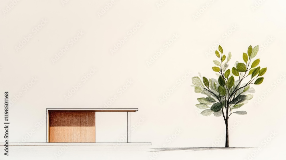 Poster Engineer blueprint concept. Modern architectural design featuring minimalist structure and lush greenery.