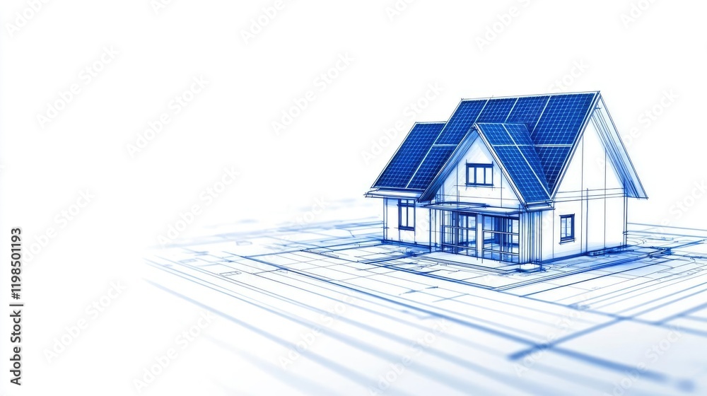 Poster engineer blueprint concept. blueprint illustration of a modern house design with solar panels and a 