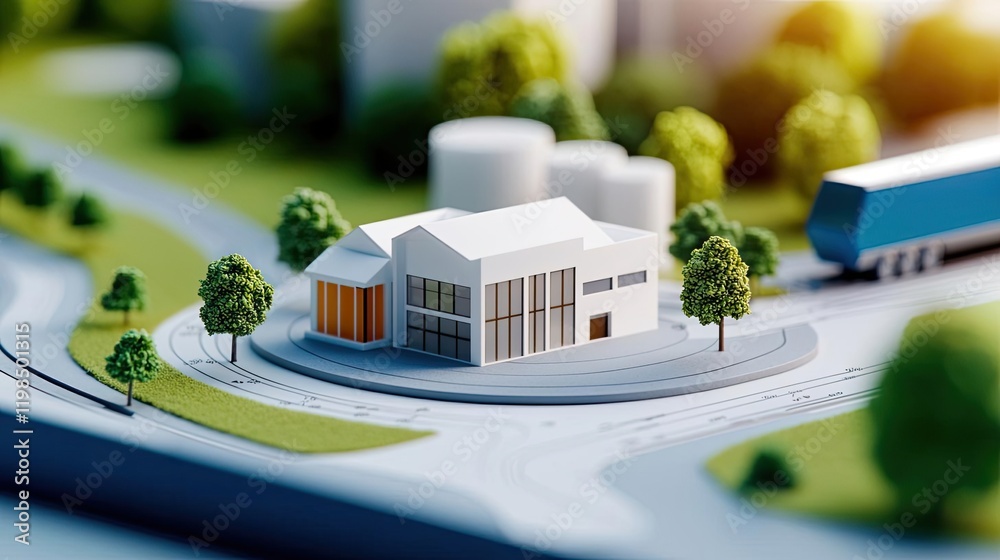 Poster Engineer blueprint concept. A miniature model of a modern building set in an urban landscape.