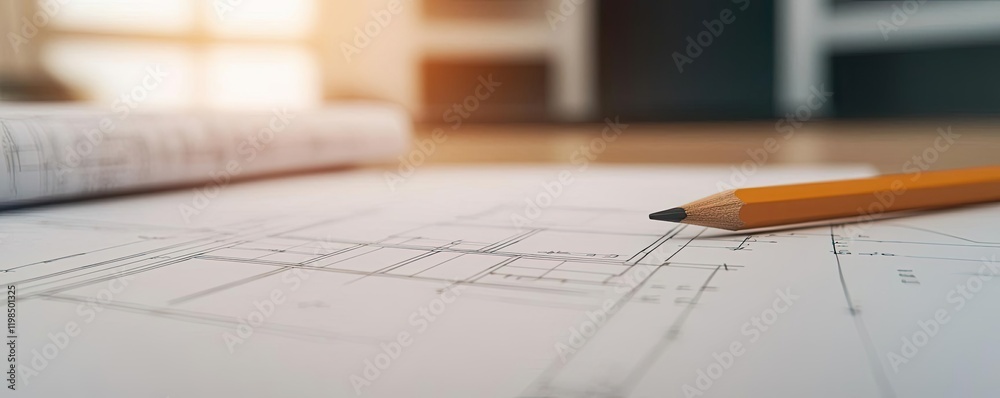 Poster engineer project concept. close-up of architectural blueprint and pencil on a wooden surface, showca