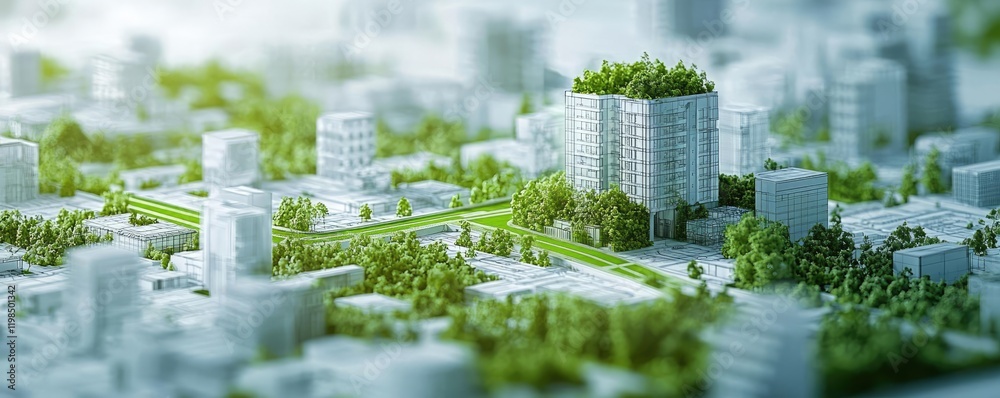Poster engineer project concept. aerial view of a modern city skyline with greenery integrated into urban a