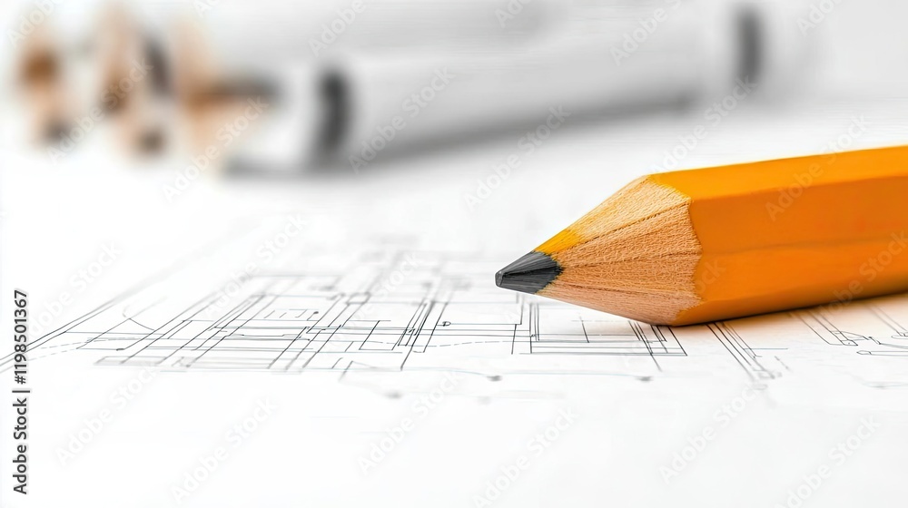 Poster Engineer blueprint concept. Close-up of a pencil on architectural blueprints, symbolizing design and planning.