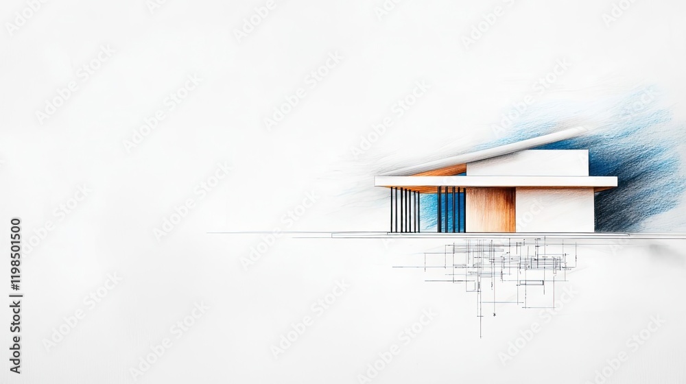 Aufkleber Engineer sketching idea. Stylish modern house design in minimalistic style with clean lines and soft colors.