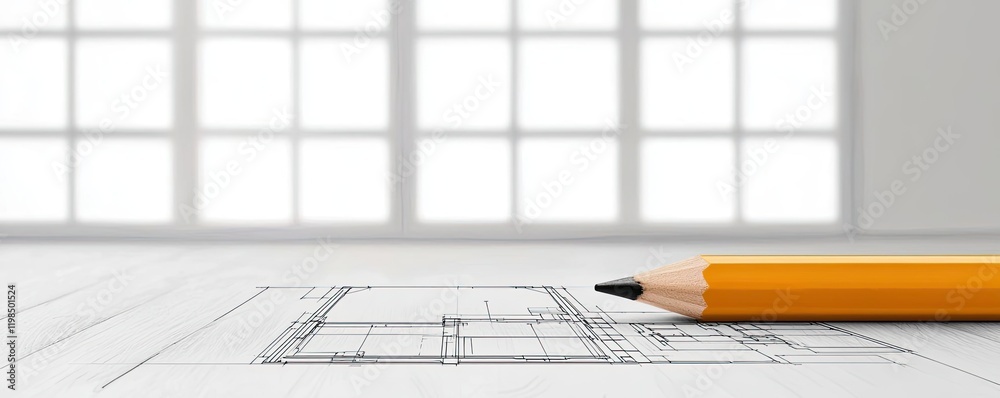 Aufkleber Engineer project concept. Blueprint and pencil on a clean surface, symbolizing design and architectural planning.