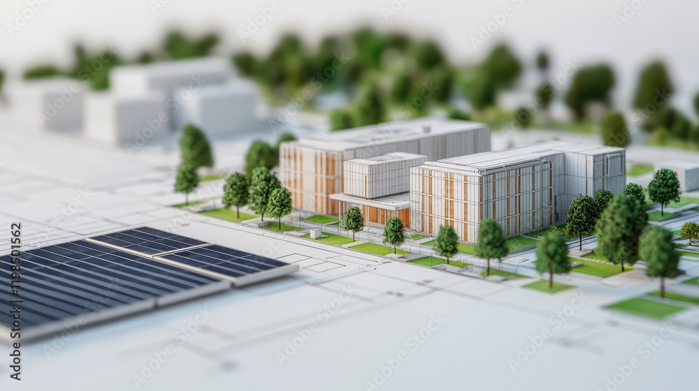 Poster Engineer blueprint concept. A detailed architectural model showcasing buildings and green spaces in urban planning.