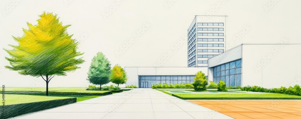 Poster Engineer blueprint concept. Modern architectural design featuring a building amidst green trees and open space.