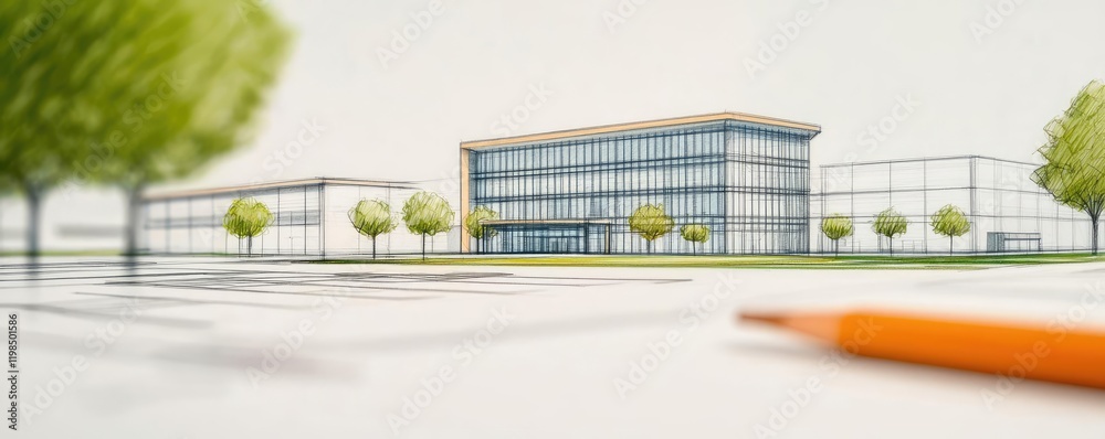 Poster Engineer blueprint concept. Architectural model of a modern office building surrounded by greenery.