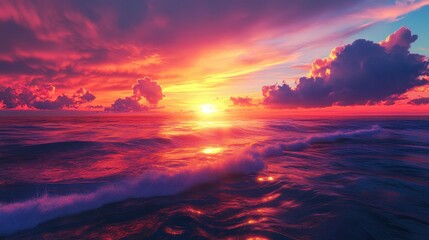 Dramatic Crimson Sunset Over Ocean Waves with Golden Sun Reflection