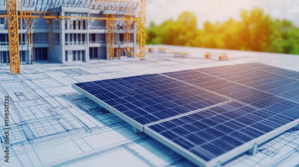 Poster engineer blueprint concept. solar panels on a modern building construction site, emphasizing renewab